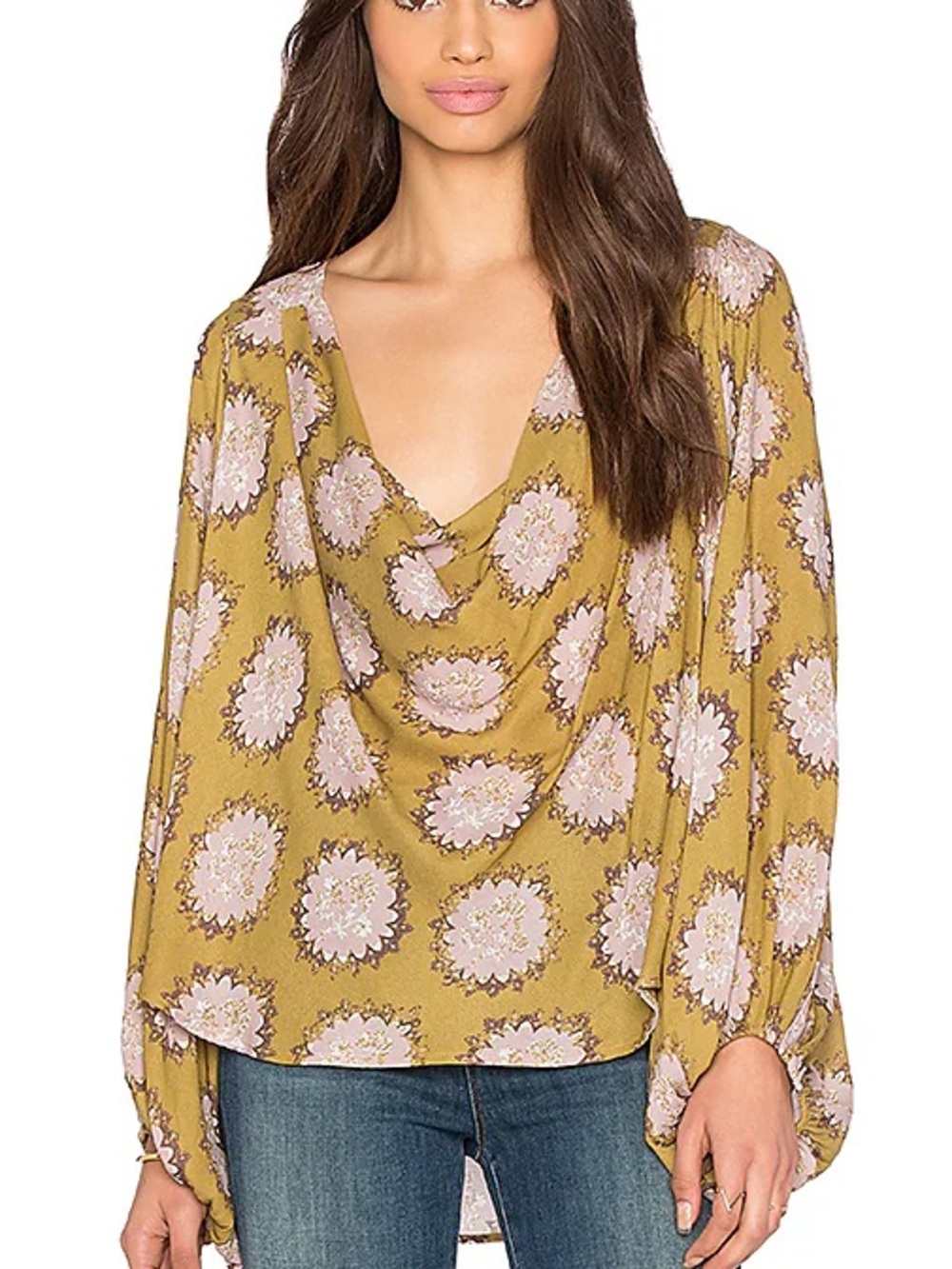 Free People Mustard and Pink Floral Cowl Neck Blouse